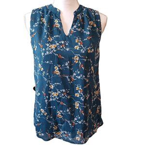 NEW‎ Papermoon Blue Floral Sleeveless Split Neck Pleated Blouse Top, Size S
